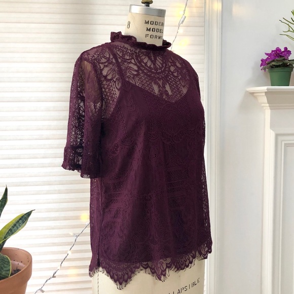 VILA Womens Winetasting Vikarla Lace Detail Top - Picture 3 of 8